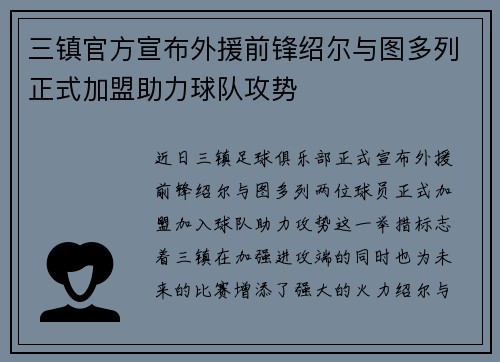 三镇官方宣布外援前锋绍尔与图多列正式加盟助力球队攻势