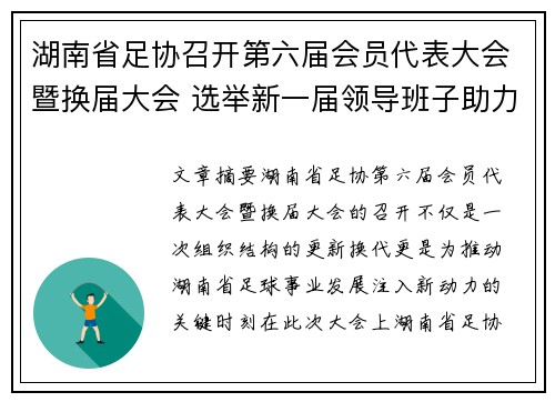 湖南省足协召开第六届会员代表大会暨换届大会 选举新一届领导班子助力足球发展