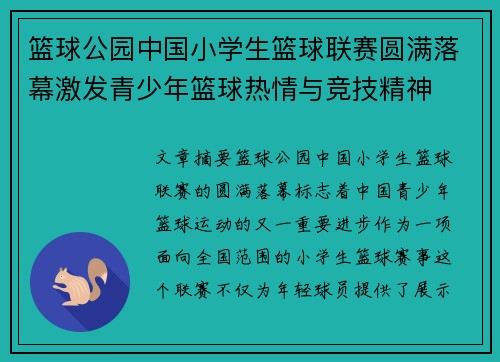 篮球公园中国小学生篮球联赛圆满落幕激发青少年篮球热情与竞技精神